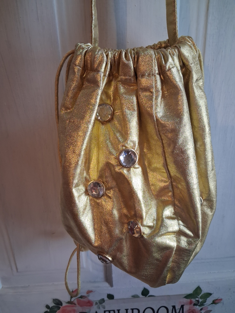 Gold Gem-Embellished Drawstring Mini Bag